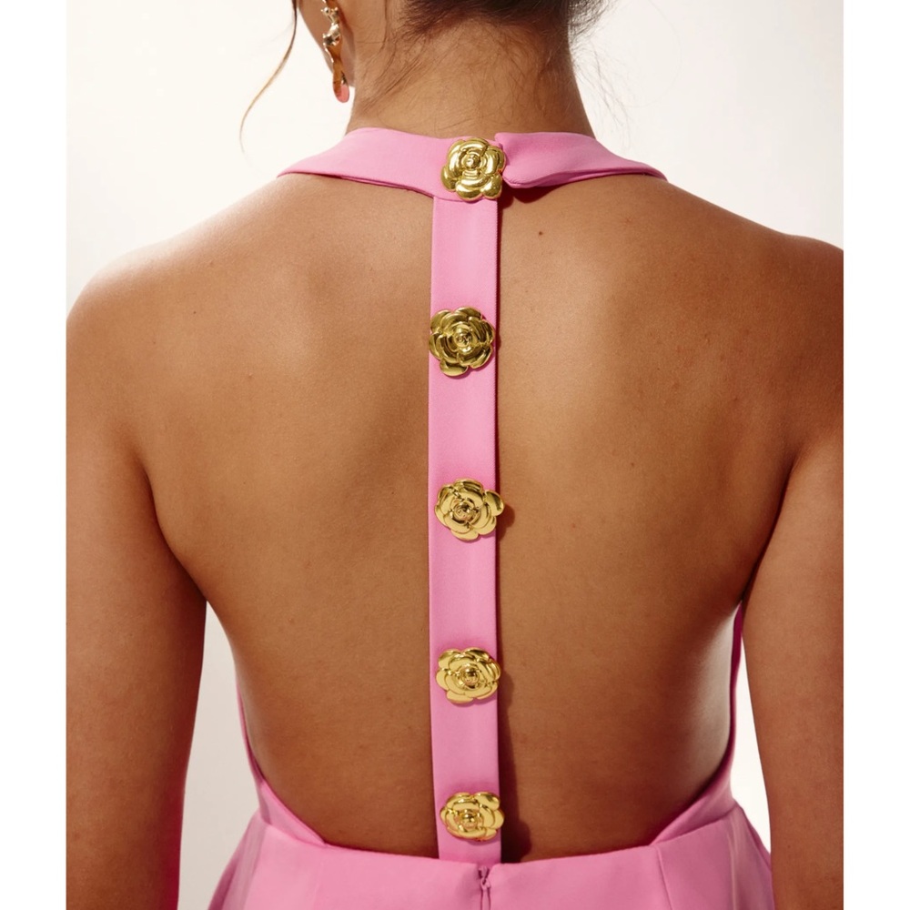 Backless Mini Halter Dress with Gold Buttons